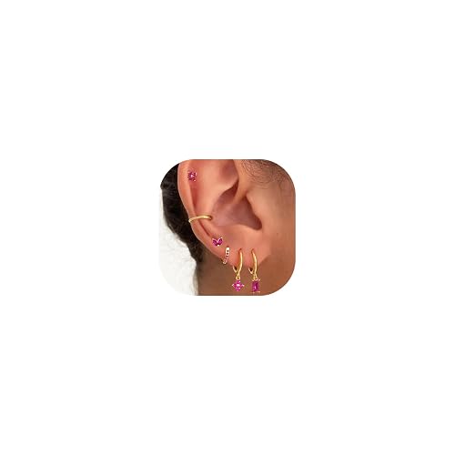 FIRSAUKI Earring Sets for Multiple Piercing Small Gold Earring Stack 14K Gold/Silver Plated Huggie Hoop Earrings for Women Hypoallergenic Cartilage Stud Gold and Green Earring Set
