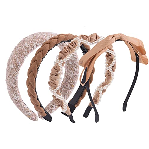 LifeDawn 4 Pieces Khaki Headband Knotted Headband Wide Headbands for Women Girls, Non Slip Fabric Headbands Elastic Headwear Barrette Styling Tools Accessories