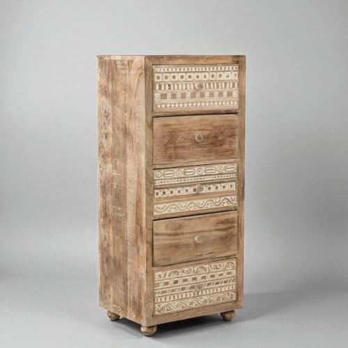 Image of The Attic Jodhpur Tallboy Drawer Chest, Kitchen and Living Room Storage, Solid Wood, Natural Antique + White Matte Finish