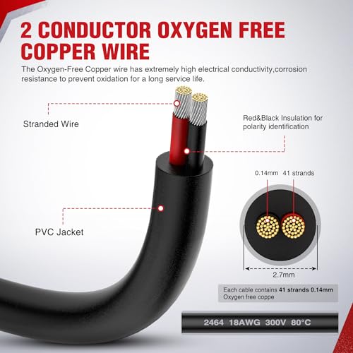Image of Nilight 30FT 18AWG Oxygen-Free Copper Wire Red Black | Electrical Wires Stranded PVC Cord 2 Conductor Parallel 300V DC Flexible Extension Cords for LED Strips Lamps Lighting