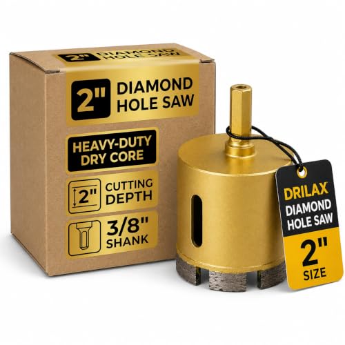 Drilax 2" Diamond Masonry Hole Saw | Heavy-Duty Dry Core Drill Bit for Concrete, Brick & Stone | 3/8" Shank | 2-Inch Deep Cut
