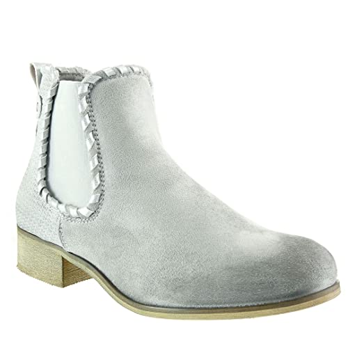 Angkorly - Chaussure Mode Bottine Chelsea Boots Cavalier bi-matière Femme tressé clouté Talon Bloc 3.5 CM - Gris 2 - F1062 T 37