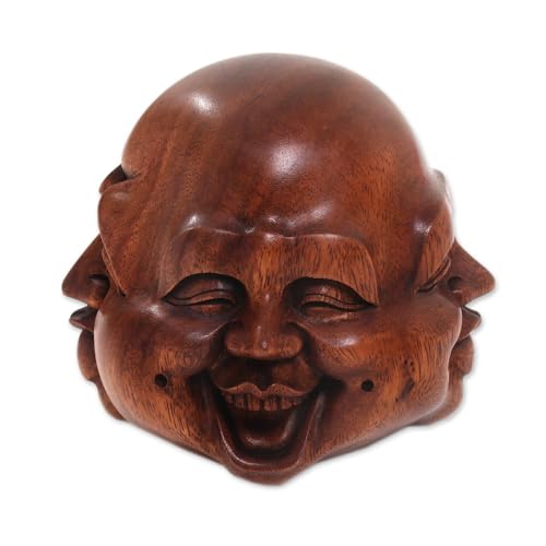 NOVICA Artisan Handcarved Wood Sculpture Four Faces of Buddha Suar Statuette Brown Indonesia Buddhism People Portraits [6in H x 7in Diam.] ' Four Faces'