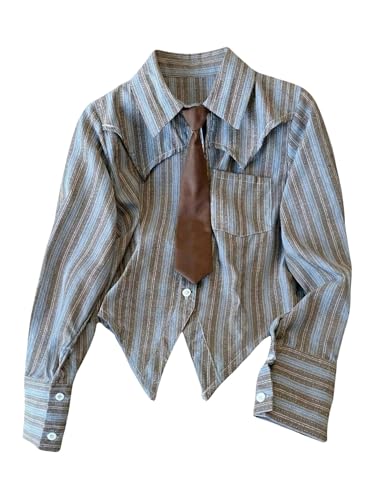 Image of SOLY HUX Women's Striped Print Button Down College Shirts Long Sleeve Tie Blouse Tops Preppy Clothes