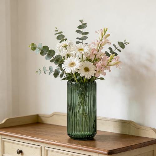 TIMEFOTO Flower Vase 7.5 inch Green Thickened Glass Vase for Bookshelf,Dinner Table,Indoor Office Desktop,Meeting Room,Bathroom,Countertop,Home Christmas Day Decoration - Image 4