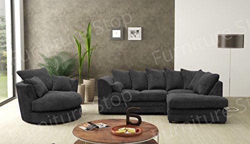 Dylan Corner Sofa & Swivel Chair in Full Jumbo Cord (Grey, Coffee, Black) (Black, Right Hand)