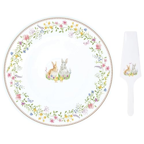 MamboCat Happy Easter Plateau à gâteau avec pelle à tarte I Assiette à gâteau ronde en porcelaine pour biscuits, cake pops, cupcakes, etc. I Assiette à pâtisserie et pelle à gâteau pour Pâques avec