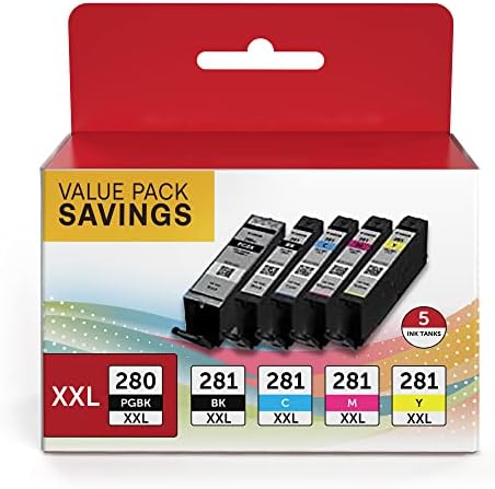 PGI-280 XXL/CLI-281 XXL Ink Cartridge 5 Color Value Pack Replacement for Canon 280 281 Ink Cartridges Compatible with Printer PIXMA TR8520 TR8620 TR7520 TR8600 TS6120 TR8500 TS6220 TS9120