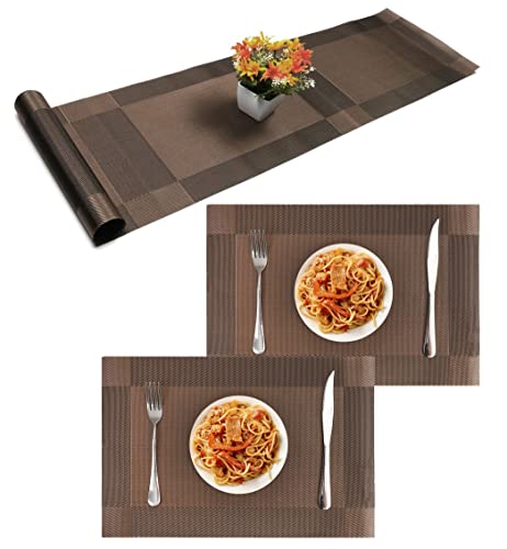 Image of Placemats with Table Runner Sets - Washable Kitchen Tablemat - Table Mats for Dining Table - Non-Slip Placemat - Table Runner (2-Piece Placemat, 1-Piece Runner, Brown)