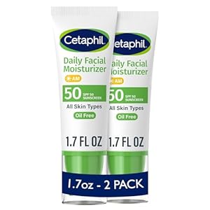 Cetaphil Daily Facial Moisturizer SPF 50, 1.7 Fl Oz (Pack of 2), Gentle Facial Moisturizer For Dry to Normal Skin Types, No Added Fragrance, Dermatologist Recommended (Packaging May Vary)