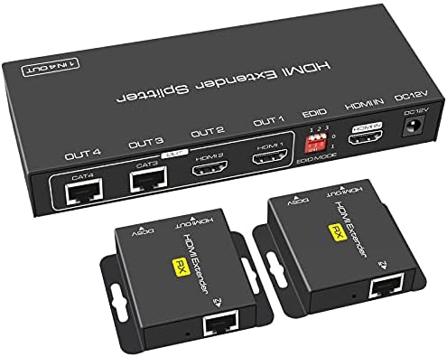 VEDINDUST HDMI Extender Splitter 1 in 2 Out Extending 165ft (50m) Length Transmission Over CAT5e/CAT6/CAT7 Cable Support EDID Presets 1080P@60HZ POC