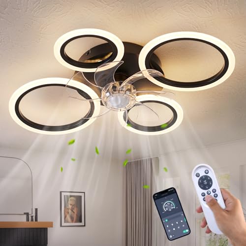 HuixuTe 26" Geometric Ceiling Fan with Lights Remote Control, 3 Colors, 6 Speeds, Bladeless, Low Profile for Kitchen, Bedroom by HuixuTe - Used condition - US$54.45