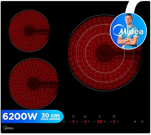 MIDEA Placa Vitroceramica 3 fuegos 6200 W - Vitroceramica Integrada con Panel de control tactil, Indicador de Luz, Temporizador, Child lock y Protección por Sobrecalentamiento