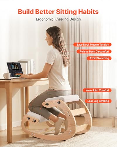 Image of VEVOR Ergonomic Kneeling Chair, Wooden Posture Knee Chair with Adjustable Thick Foam Cushions & Solid Wood Frame, Adjustable Height, Relief for Neck or Back Pain for Home, Office or Meditation, Beige