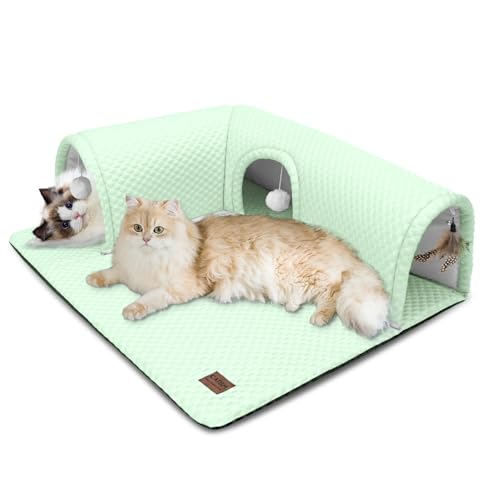 CATISM Cooling Cat Tunnels Bed - Cat Beds with Tunnel, 3 in 1 Cats Tunnels Bed with 3 Ports + 2 Ceiling Balls + 1 Removable Feather Toys for Kitten to Play