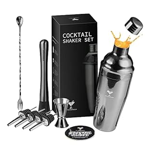 KITESSENSU Black Cocktail Shaker Set Drink Mixer | 10-Piece Bartender Kit: 24 Ounce Margarita Shaker, Double Jigger, Muddler, 4 Liquor Pourers, Alcohol Mixer Spoon, Velvet Bag, Recipes Booklet