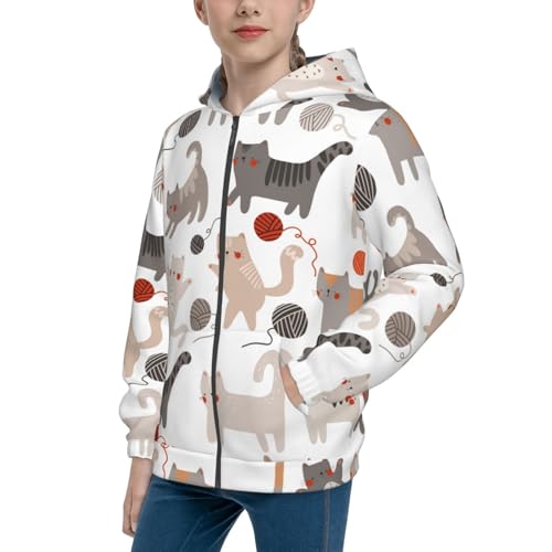 Cute Cats Play with Balls Kids Pullover Hoodies Boys Zip Up Sweatshirts Girls Athletic Clothes with Pocket