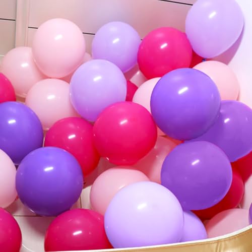 Image of 100pcs Pink and Purple Balloons 12 Inch with Ribbon for Party Decorations | Hot Pink Light Pink Pastel Purple and Purple balloons for Girls Women Birthday Wedding Party Decorations