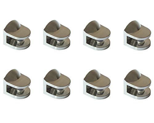 Metal Glass Clamp Curved Design Set of 8 Glass Shelf Support Glass Clips 22 x 22 x 22 mm Brushed Nickel Adjustable Glass Holder with Plastic Insert for 4-8 mm