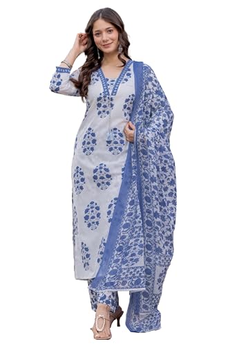 PARTHVI Women's Pure Cotton Printed Straight Kurta Set with Palazzo Pants & Dupatta- Ethnic Wear, Teal Blue