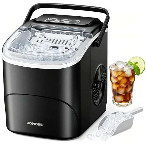 KOMORE Ice Maker - Self-Cleaning Portable Machine for Bullet Ice, Ready in 6 Mins, 12Kg/24H Capacity, Includes Ice Scoop & Basket (Black)