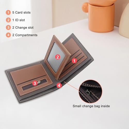Mens Wallet, PU Leather Card Holder Wallet Card Wallet with Zipper Pocket for Men, Portable Credit Card Wallet with ID Card Slot Bifold Wallet for Work, Shopping, Travel (brown)4