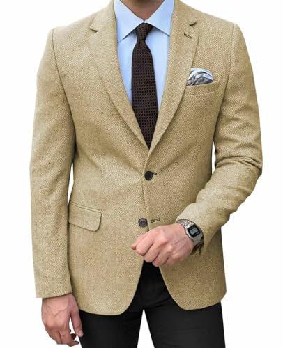 Mens Tweed Blazer 2 Button Lightweight Herringbone Jacket Casual Men Blazer Wedding Groomsmen Prom Jacket