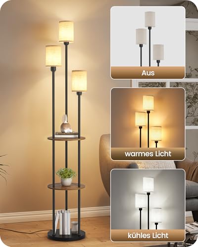 GOEBLESON Stehlampe Wohnzimmer mit Ablage, 3-flammige Stehleuchte mit Regal Vintage, Boho Standleuchte aus Holz mit Fußschalter, E27 Fassung, retro rustikalbraun und beige ZEF53LDD05