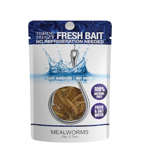 Naturally Preserved Fishing Bait – 2-Year Shelf-Stable, Ideal for Freshwater & Saltwater Fishing, Mealworms 0.70oz