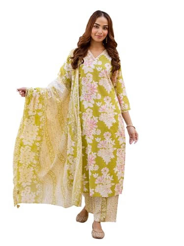 Image of INDO ERA Women's Pure Cotton Printed Straight Kurta & Pant With Dupatta Set (KH0PH10219)