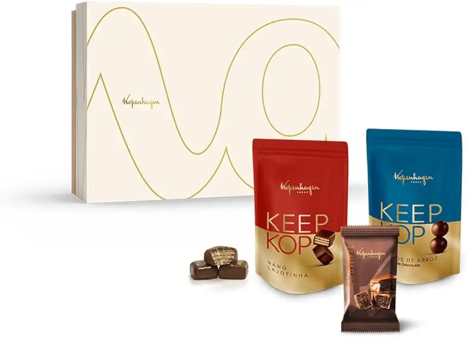 Presente Namaorados Chocolate Kopenhagen Keep Kop Flocos de Arroz, Keep Kop Nano Lajotinha e Brownie