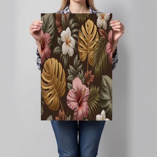Impression sur toile fleurs tropicales et monstera dorée 80x120 cm