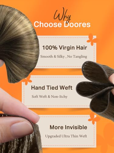 Image of DOORES Weft Remy Human Hair Extensions Handtied, 24 Inch Balayage Chocolate Brown to Caramel Blonde 60g, Human Hair Extensions Sew in
