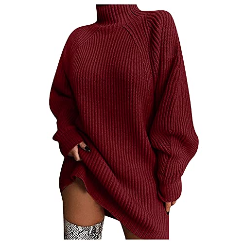 Aneralied Women Sweater Dresses Soft Casual Sports Loose Knitting Solid Color Long Sleeve Turtleneck Sweater Mini Dress Work Party #TOP18