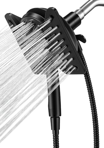 Shower Head with Handheld High Pressure, Rain Shower Head with Fixed Showerhead and 9 Sprays Handheld Shower, Detachable 2-IN-1 Shower head with 59″ Rotatable Stainless Steel Hose (Black)