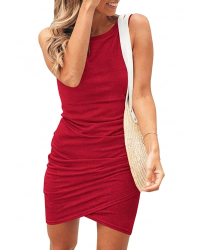 BTFBM Women Summer Dresses 2026 Sleeveless Tank Ruched Bodycon Sundresses for Women Party Beach Mini Casual Spring Dress(Bright Red, Medium)