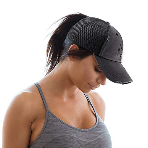 Speedy Pros Womens Ponytail Cap Texas Logo Embroidery Cotton Messy Bun Distressed Trucker Hats Strap Closure Black Design Only #TOP3
