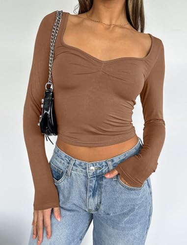 Image of Women Sweetheart Neckline Basic Fitted Tops Long Sleeve Going Out Crop Tops Ruched T Shirts
