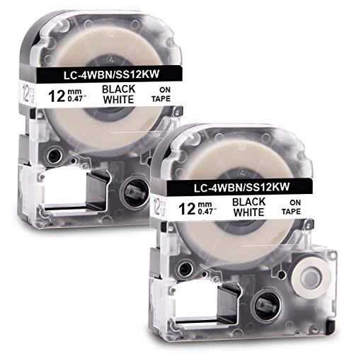 2x Labelwell 12mm LC-4WBN Noir sur Blanc Compatible Ruban Remplacement pour Epson LC-4WBN9 SS12KW pour Étiqueteuse LabelWorks LW-300 LW-400 LW-500 LW-600P LW-700 LW-1000P King Jim TepraPro SR210 SR220 Cover