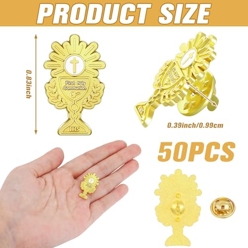 Image of Hoteam 50 Pcs First Communion Enamel Lapel Pins Bulk Chalice with Grapes and Wheat Gold Plated Religious Pins Gifts for First Holy Communion Catholic Baptism Christian Memorial Favors