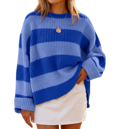 Image of Simier Fariry Womens Fall Oversized Pullover Sweater Long Sleeve Comfy Knitwear Retro Stripe Casual Outfit