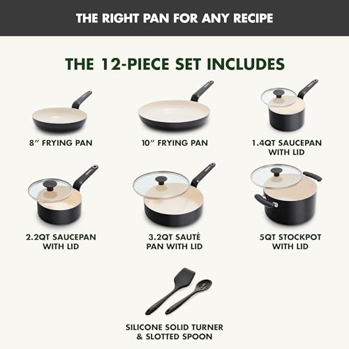 Image of GreenPan Rio Advanced 12 Piece Cookware Set, Ceramic Nonstick PFAS-Free Pots & Pans with Cooking Utensils, Induction Ready, Dishwasher & Oven Safe, Black