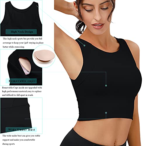 High Neck Sports Bra For Women Longline Full Coverage Sports Bras Medium Impact Padded Workout Crop Tops For Yoga Gym #TOP4