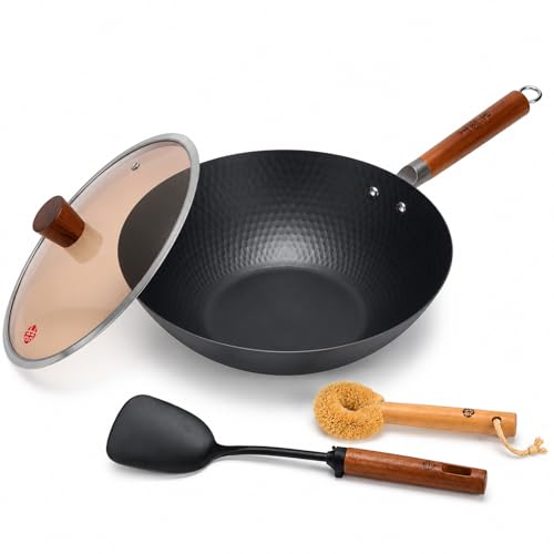 Image of WANGYUANJI Lightweight Carbon Steel Wok Pan with Lid, 12.6" Flat Bottom Stir Fry Wok for Induction, Electric & Gas Stoves, 2.9 lb Wok Body, Pre-Seasoned Nitrided Wok, No Chemical Coating