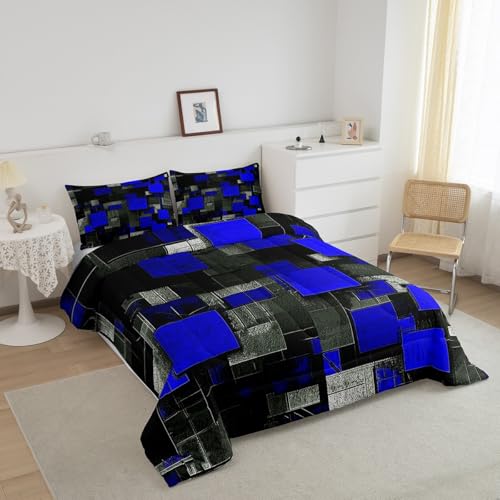 Image of Feelyou Kids Blue Black Comforter Set King Size, Geometric Grid Bedding Set Geometrics Comforter for Boys Girls Abstract Art Duvet Insert with 2 Pillow Case