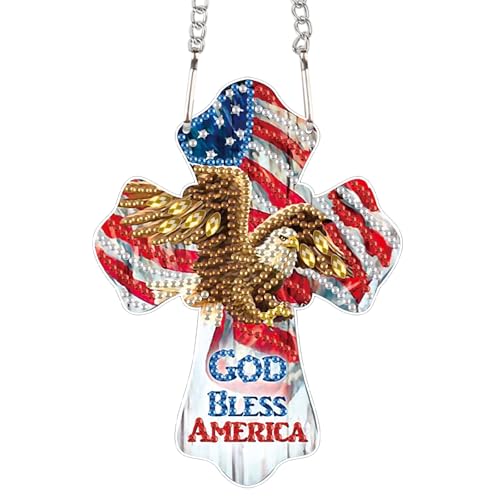 Image of God Bless America Diamond Painting Hanging Ornament - Patriotic Cross with Eagle & American Flag - DIY 5D Diamond Art Kit with Chain - Independence Day Home Decor - Handmade Beaded Sun Catcher Gift