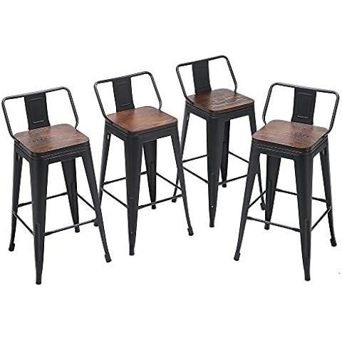 Yongqiang Metal Bar Stools with Back Set of 4 Kitchen Counter Height Stools with Wooden Seat 26" Matte Black Cover