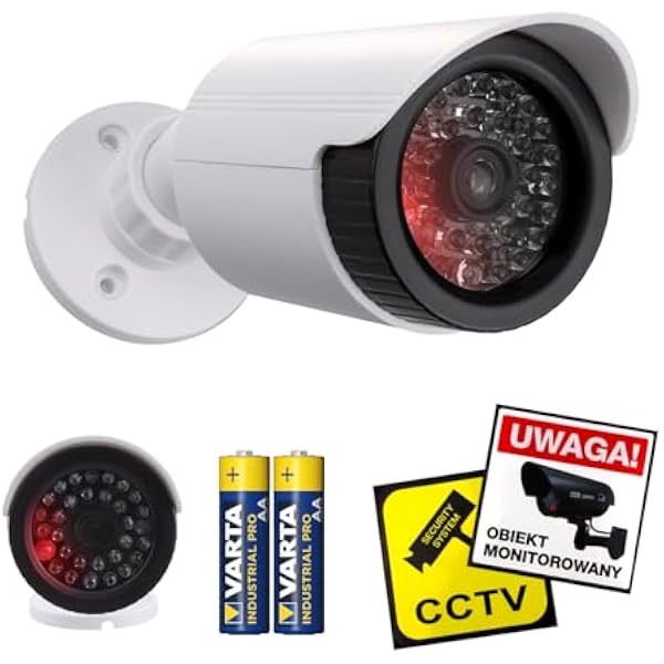 Maclean Dummy IR1800 kamera monitorująca z migającą diodą LED, realistyczna atrapa do użytku wewnątrz i na zewnątrz, IP44, regulowany montaż, w zestawie naklejki ostrzegawcze (1, biała)