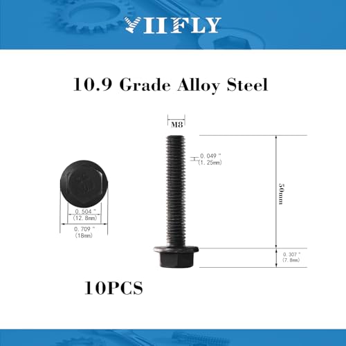 Image of M8 x 50mm Flanged Hex Head Bolts Flange Hexagon Screws, M8x1.25 Bolt, 10.9 Grade Alloy Steel, Hexagon Head Bolts, Black Zinc Finish, Full Thread, Quantity 10