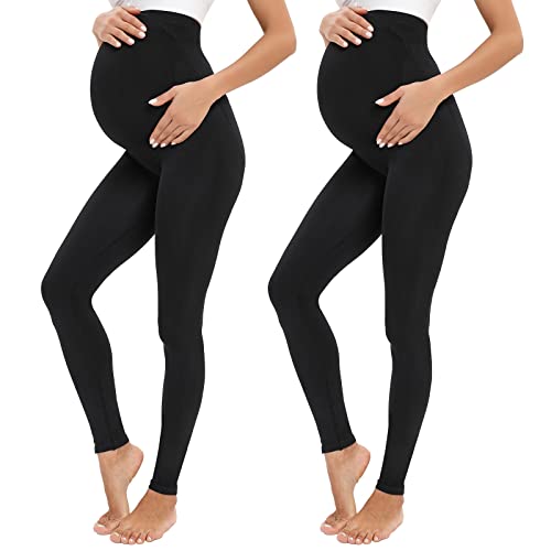 JOJOANS 2 Pack Women's Maternity Leggings Over The Belly Pregnancy Yoga Pants Active Wear Workout Maternity Pants Black 2XL